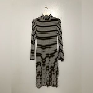 Dual Nature Black and White Striped Fitted Dress | Bell Sleeved | XS